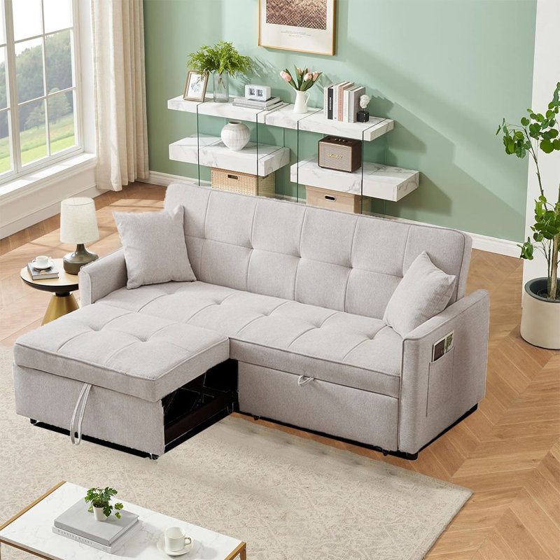 Tyjah 81” Large Size Fabric Sofa, 3-in-1 Multi-Functional Sofa Bed with Storage Space, Ivory