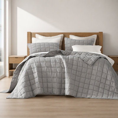 3-Piece Queen Linen Garment Washed Quilt Set,Gray