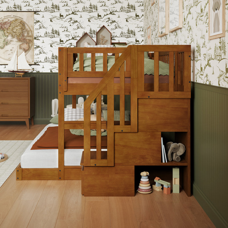 Malibu Wood Low Staircase Bunk Bed, Twin over Full, Teak