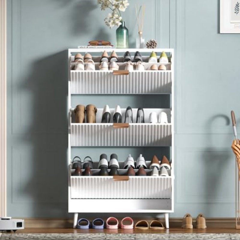 Shoe Cabinet Storage,Modern Freestanding Organizer With 3 Flip Drawers,Narrow Shoe Rack Cabinet For Entryway,White, White