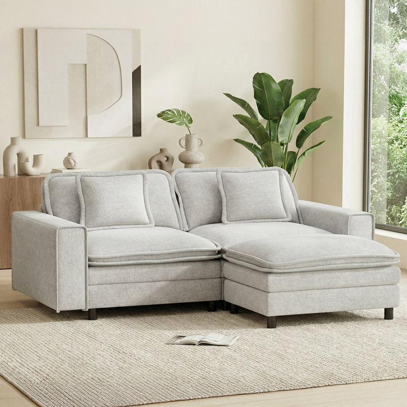 75" Wide Comfy Cloud Loveseat Sofa With Ottoman - L-Shape 2-Seater Couch Sofa For Small Living Spaces, Beige