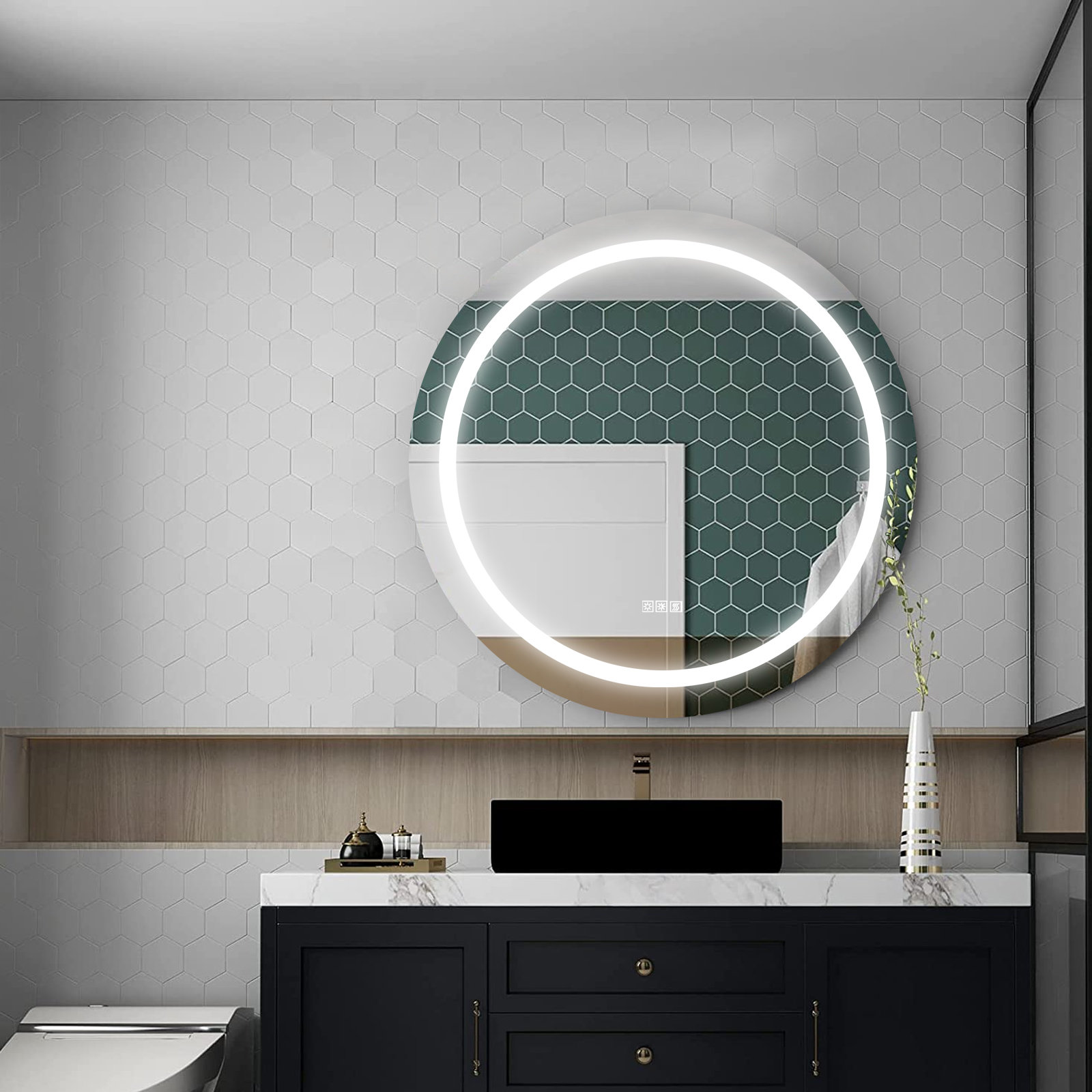 LED Black Framed Bathroom Vanity Mirror, Illuminated Dimmable Anti Fog Makeup Mirror, 3 Color Light Orren Ellis Size: 36 x 24