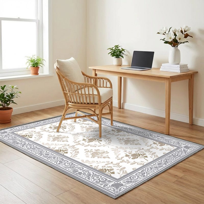 Tapis d'intérieur antidérapant 5 pi x 8 pi avec motif floral lavable à la machine, taupe, Taupe, Rectangle de 5 pi x 8 pi