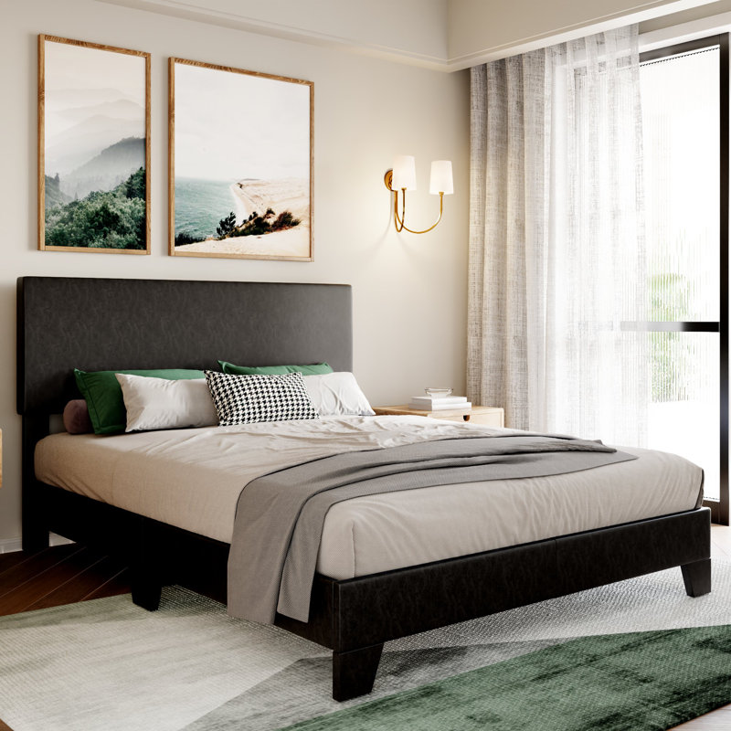Lit plateforme simple tapissier Avel, Similicuir noir, Double