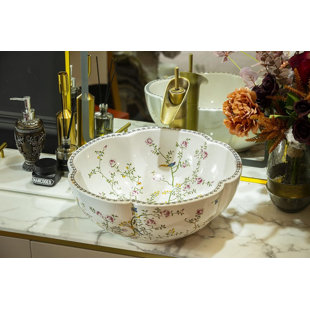 White Ceramic Vessel Bathroom Sink With Floral & Bird Pattern, Single Piece