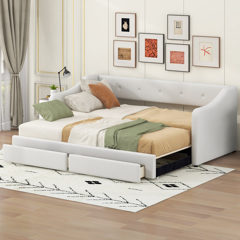 Lit de jour simple tapissier très grand avec deux tiroirs, Beige