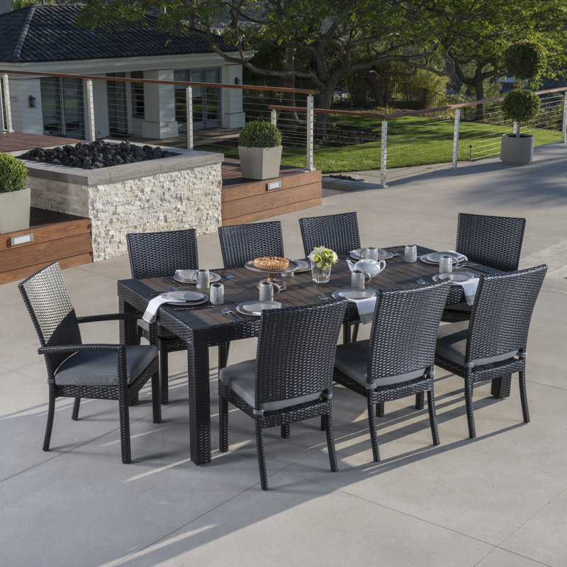 Cannes 9 Piece Dining Set with Cushions, Brown/Black Frame/Canvas Navy Cushion