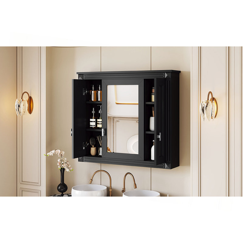 Armoire murale à miroir pour salle de bain, 5 tablettes, 3 portes, style moderne, chambre à coucher de haute qualité, fabrication artisanale noire et espace de rangement multiple réglable