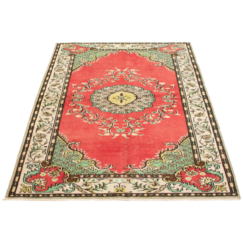 Tapis unique en laine noué à la main style années 1990 de 5 pi 9 po x 8 pi 11 po Molly-Mae en rouge / vert