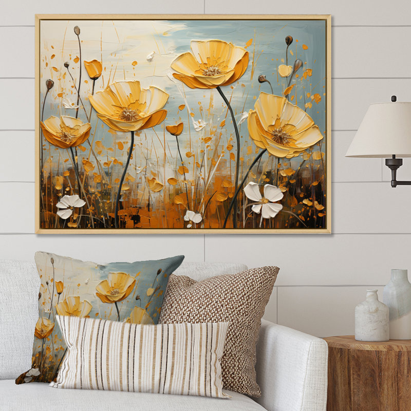«Yellow Grey Buttercups Golden Glow Patchwork», reproduction sur toile, H 30 po x l 40 po x P 1,5 po, Cadre naturel flottant