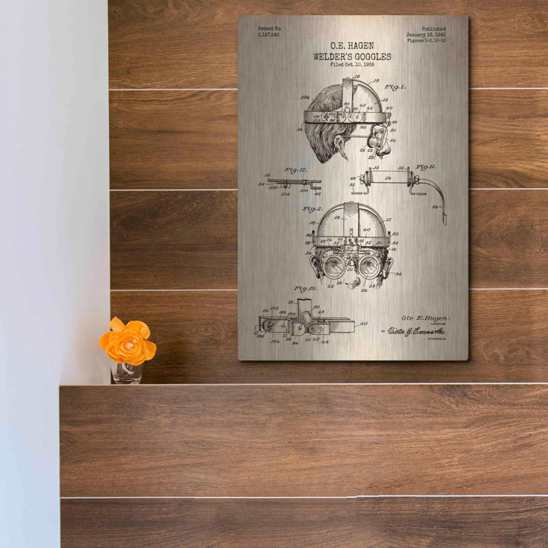 «Welding Goggles Blueprint Brevet Parchment», art mural en métal, H 16 po x l 12 po