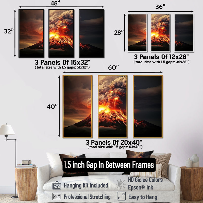 «Volcano Volcanic Explosion VI», ensemble de reproductions d'art mural volcan, Cadre flottant doré