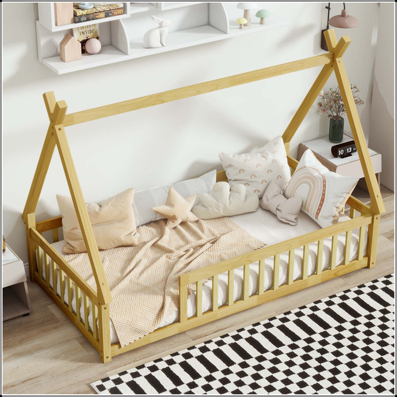 Lit simple en forme de tente - tipi avec garde-corps, Naturel