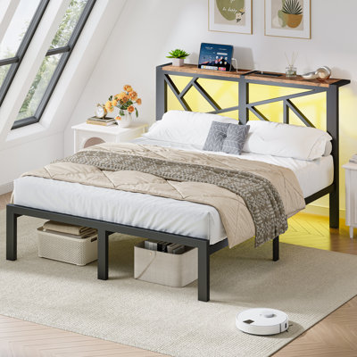 Metal Bed Frame  with LED Light and Charging Station, Storage Headboard, No Box Spring Needed