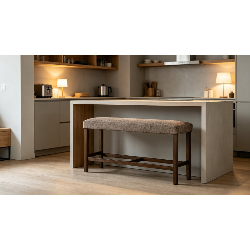 Banc de 48 po de hauteur, banc de salle à manger rembourré en tissu avec structure en bois d'hévéa, banc de comptoir moderne de 26,5 po de hauteur pour îlot de cuisine et petit espace, brun