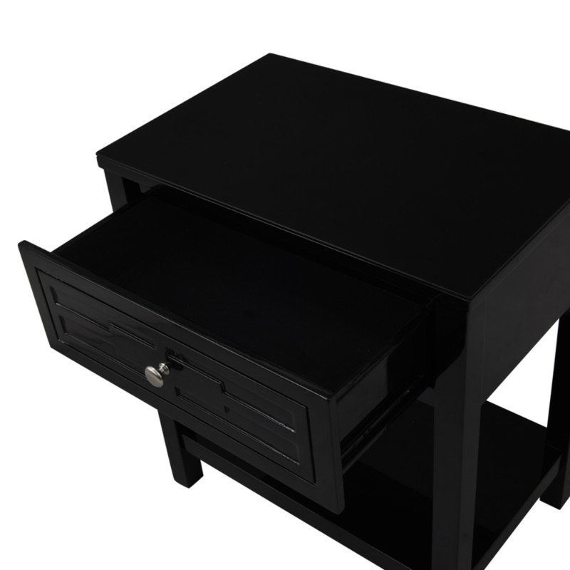 Dylan 23"W Black Wooden End Side Table Nightstand With Glass Top And Drawer, Black