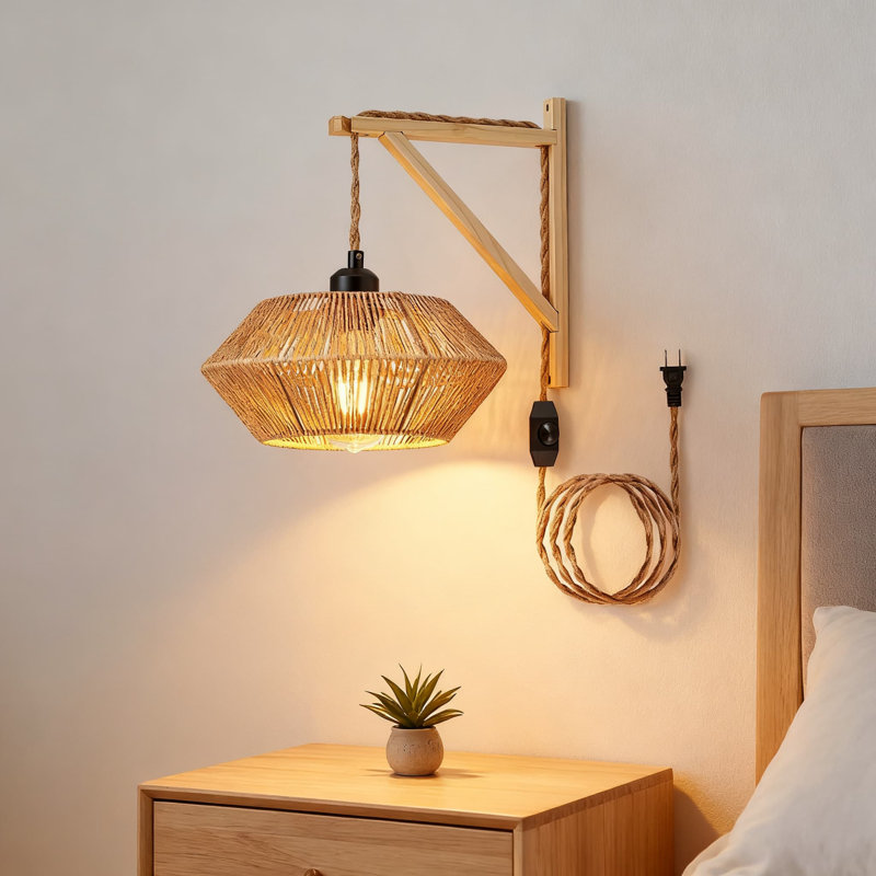 Applique murale en rotin à brancher - Lampe de ferme bohémienne à intensité variable avec douille E26 pour la chambre à coucher, le salon et le couloir