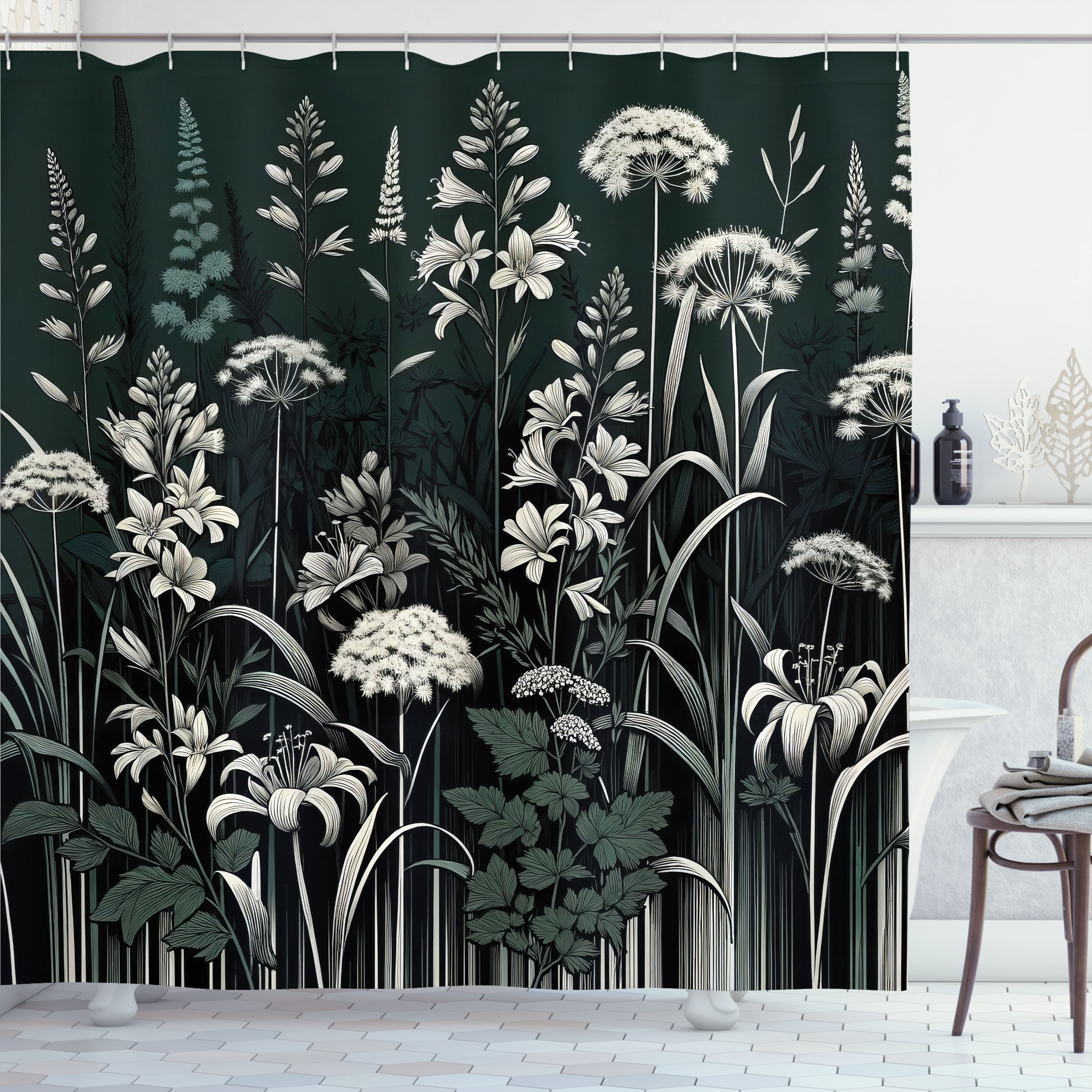 East Urban Home Dark Green Shower Curtain Vintage Botanical Art in Dark