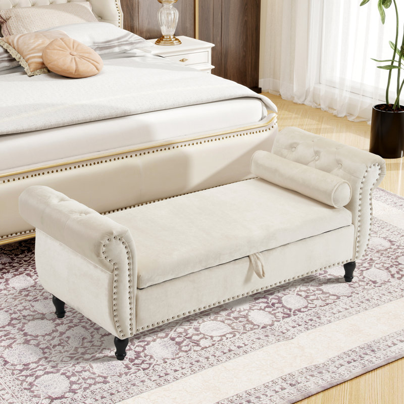 Repose-pieds rectangulaire en velours avec rangement multifonctionnel, Beige
