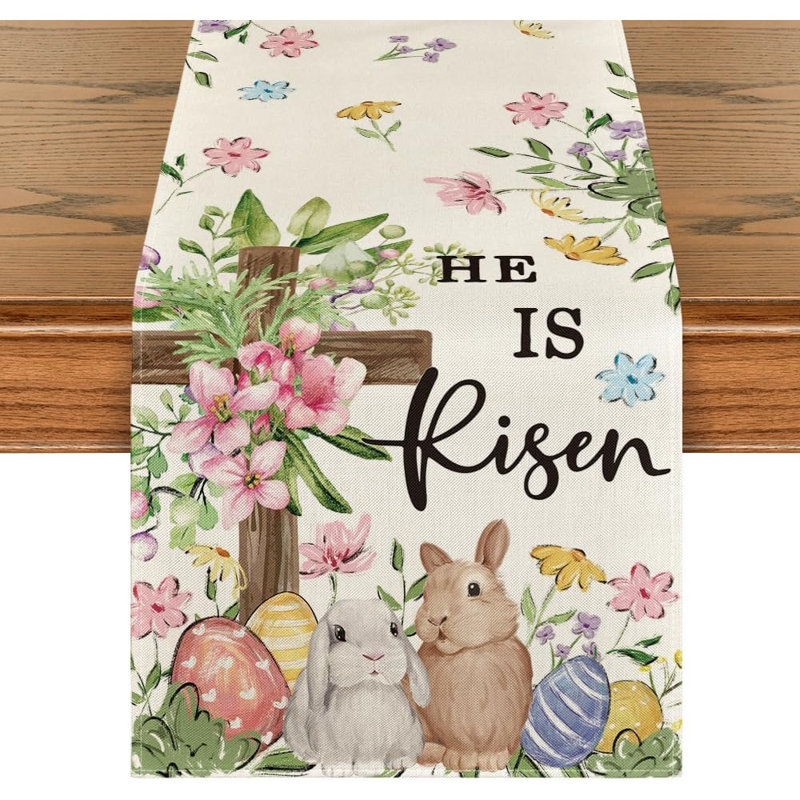 Chemin de table - Décoration de table multicolore, lapin et œufs, Pâques et printemps