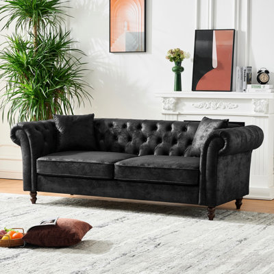 3 places Mid-Century en noir, revêtues de tissu technique, structure en bois de pin, mousse haute densité pour le salon et les appartements, mousse rembourrée à ressorts, cadre avec pieds