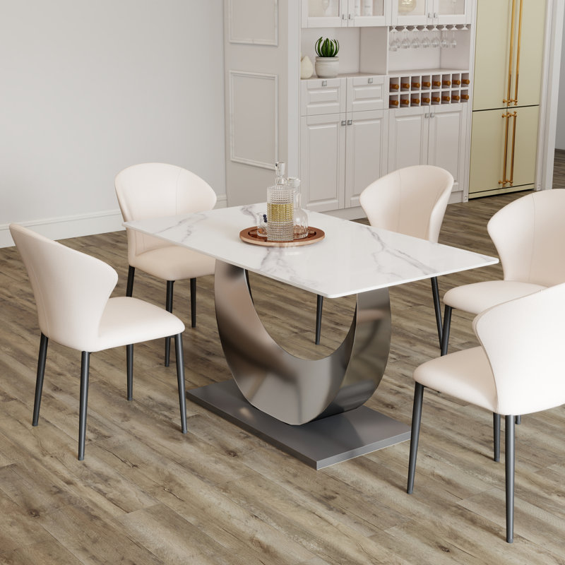 Sintered Stone Top Metal Base Dining Table, White, Gray, 29.53" H x 55.1" L x 31.5" W