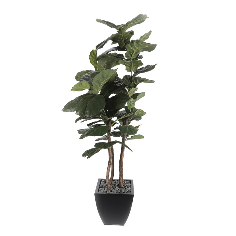 Faux Fiddle Leaf Fig Tree in Planter, Black Metal Planter