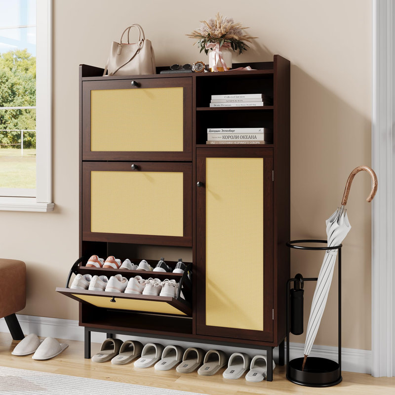 Shoe Cabinet for Entryway with 3 Flip Drawers, Freestanding Shoe Organizer with Metal Legs for Hallway Storage, Brown
