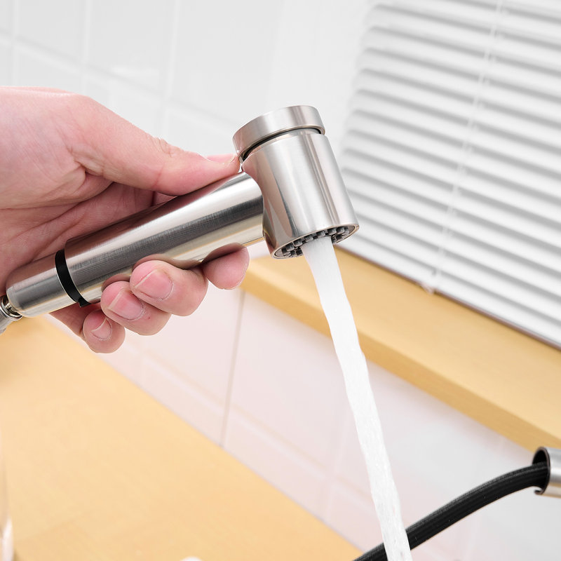 Brushed Nickel Kitchen Faucet With Pull-Out Spray, Contemporary Look, Stainless Steel, Ceramic Single Handle Faucets Pull Down , Modern Appearance, Filler