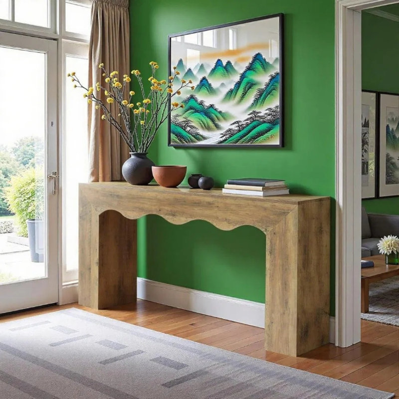 Console de style campagnard, support décoratif à devant ondulé, longue table étroite pour le vestibule et derrière le canapé