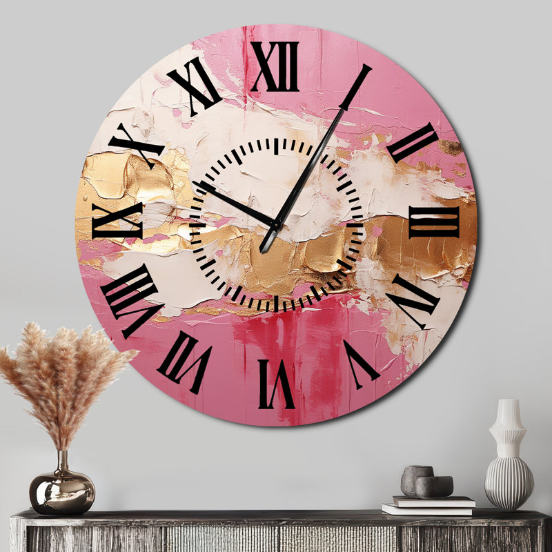 Horloge murale Minimalisme rose et doré I - peinture abstraite à face noire, Surdimensionné