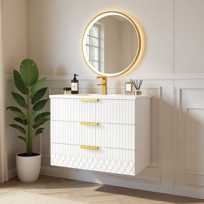 Meuble-lavabo mural 24 po avec lavabo en céramique, meuble-lavabo moderne avec tiroirs doubles à fermeture en douceur, meuble-lavabo flottant peu encombrant pour les petites salles de bain