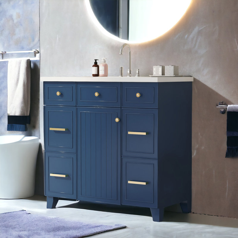 36'' Single Bathroom Vanity with Resin Top, Navy Blue, Gold