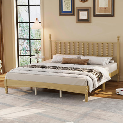 Aurnienofus Natural Wood Bed Frame King Size with Spindle Headboard, King Platform Bed with Wooden Slat Support, Retro Style Spindle Beds for Boys Girls Kids Adults Toddler, Easy Assembly