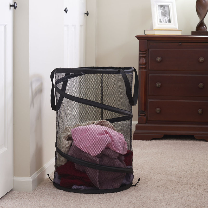 Pop‑Up Mesh Laundry Hamper in Springform Steel Frame with Mesh Lining for Compact Storage, Black