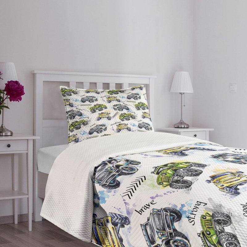 Twin White Quilted Bedspread Set with Monster Truck Design