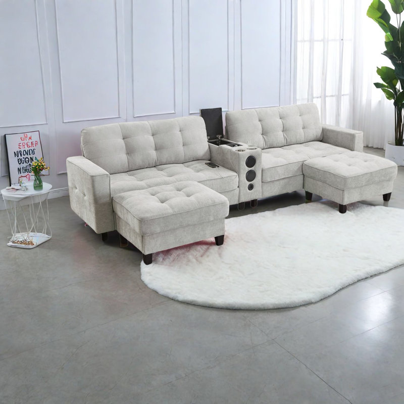 Multifunctional Modern Sofas, Chenille U-shape With Storage, Light Grey
