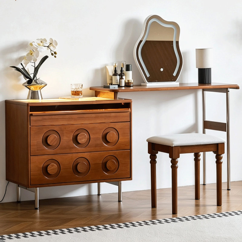 Coiffeuse extensible de style milieu du siècle en bois d'hévéa massif brun avec meuble à tiroirs