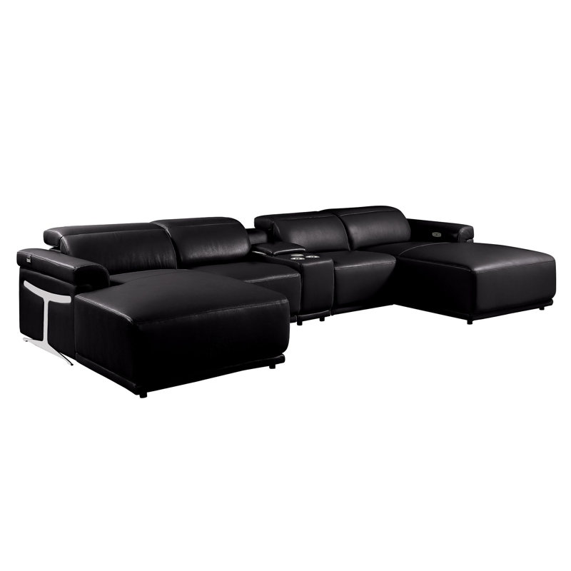 Canapé modulaire noir en cuir italien 5 pièces avec accoudoirs réglables en U noir, Noir