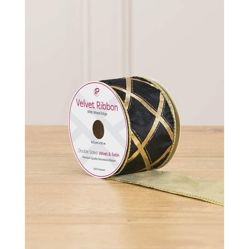 Black & Gold Diamond Wire Edge Velvet Ribbon, 9m