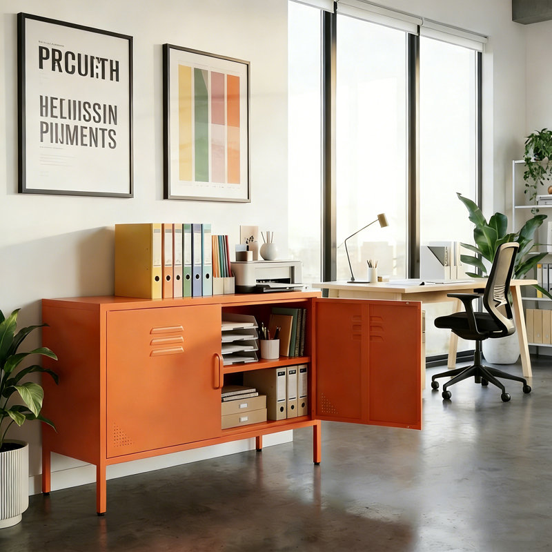 Wide Accent Storage Cabinet In Orange – Low-Profile Tv Stand Or Sideboard With Vent Holes & Sturdy Legs For Home & Office