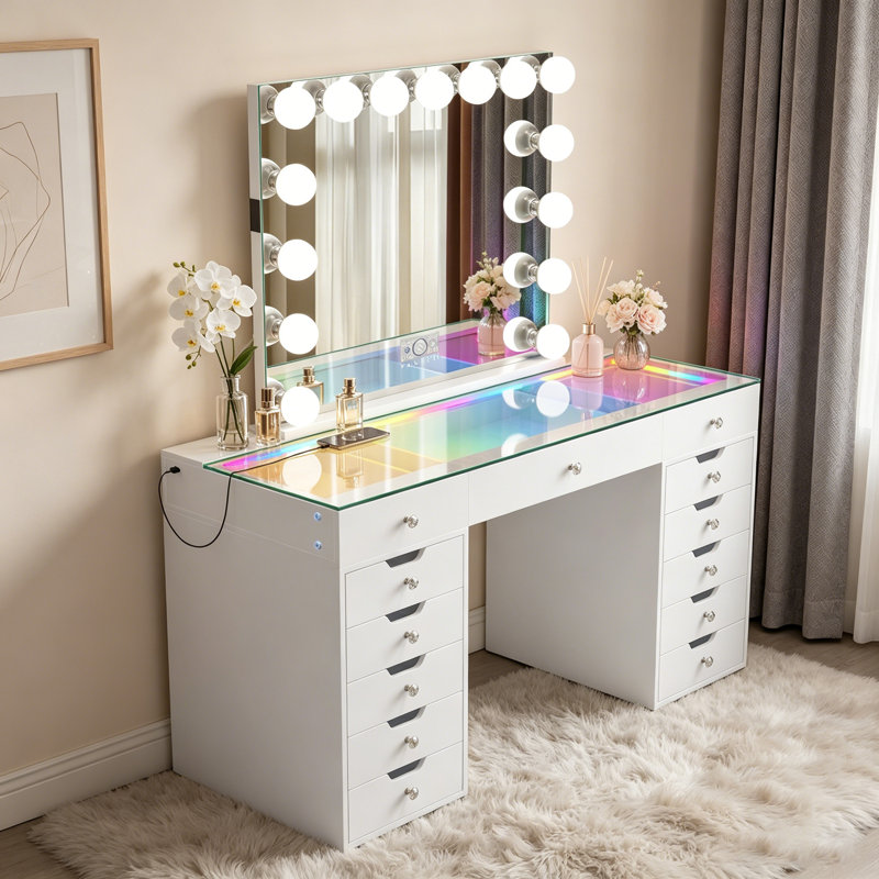 Makeup Vanity Set with LED Lighted Mirror HD Glass Top Built-in LED Light RGB Strips Large 13 Drawers