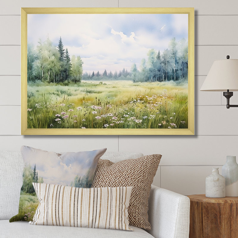 Meadow Scenery Minimalisme V - Art mural prairie, H 30 po x l 40 po x P 1,5 po, Cadre doré simple