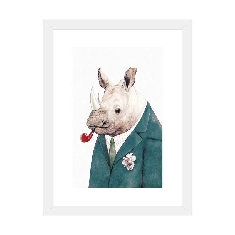 «Rhino Green suit» par Animal Crew, impression d'art graphique, H 24 po x l 16 po x P 1 po, Papier encadré blanc