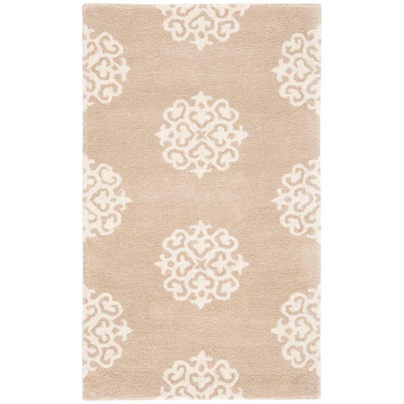 Damask Handmade Tufted Beige/Ivory Area Rug, Rectangle 5' x 8'