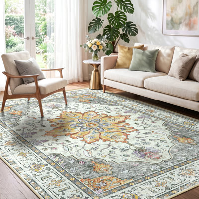 Sunflower Vintage Medallion Print Area Rug Non-Slip Machine Washable Low Pile for Living Room Bedroom