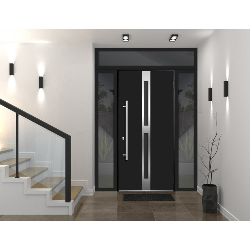 Porte avant en acier pré-suspendue à l'avant / deux émaux noirs 1755/2 fenêtres extérieures latérales et supérieures / inserts en acier inoxydable peints simples modernes - l 12 + 36 + 12 po x H 80 + 16 po - Gauche