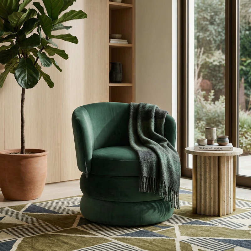 Upholstered Swivel Barrel Chair, Bottle Green Velvet
