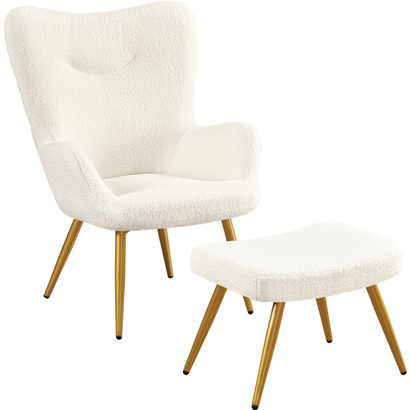 Upholstered Armchair with Footstool, Ivory