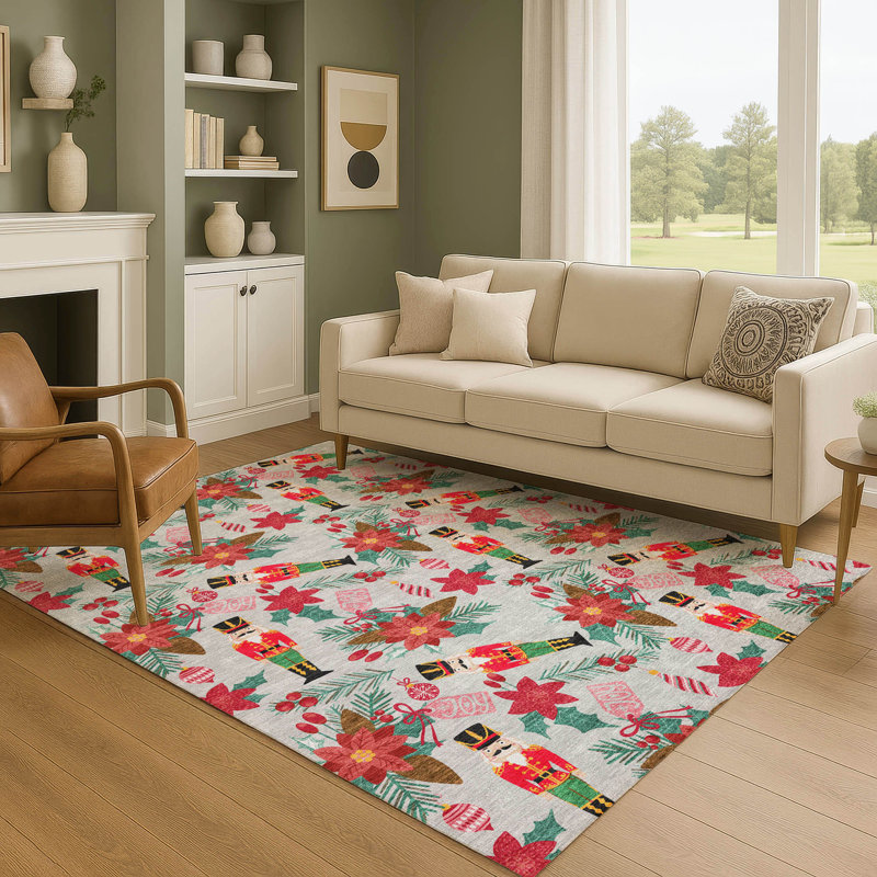 Tapis casse-noisette et poinsettia Premium lavable à la machine AMF1822, Rectangle 5 pi x 7 pi 6 po
